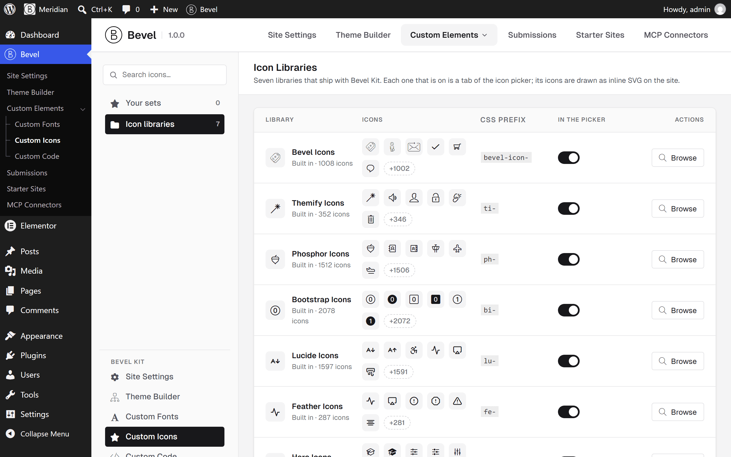 Custom Icons: seven built-in icon libraries