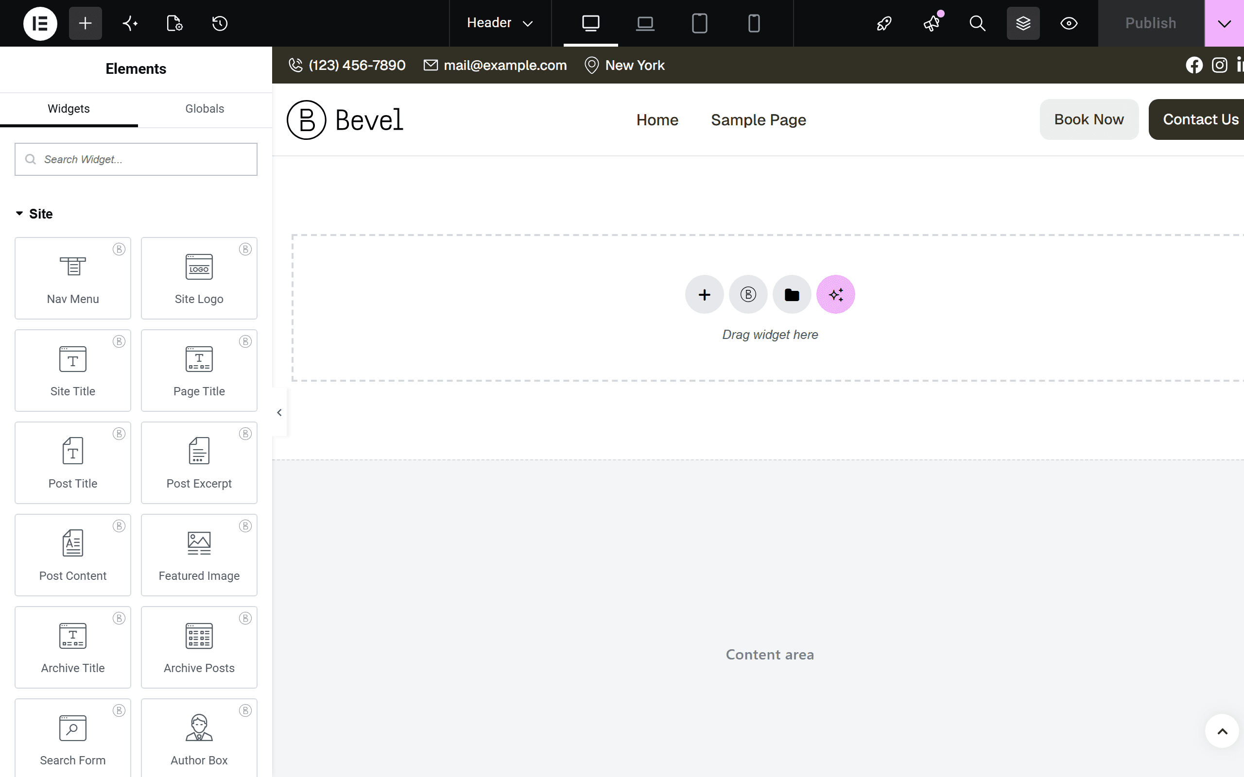 A header template in the Elementor editor with Bevel Kit's site widgets