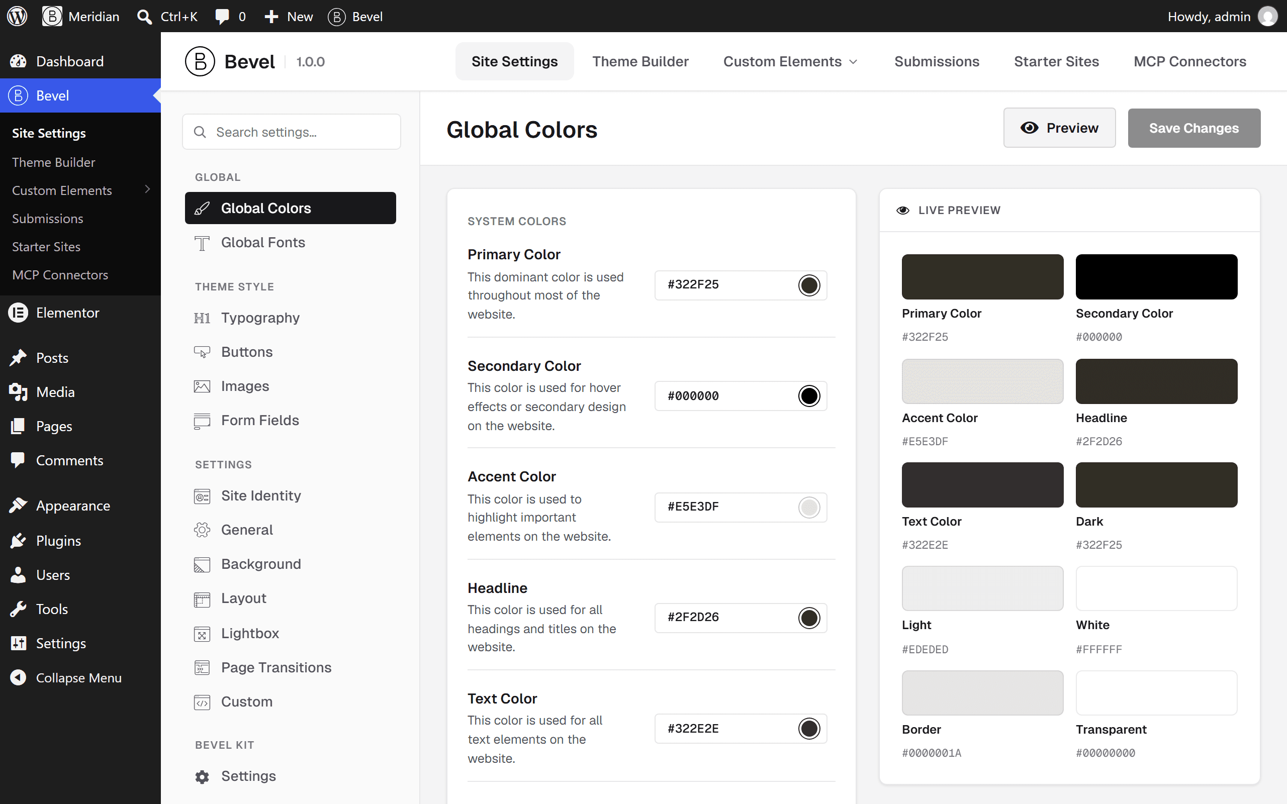 Site Settings: global colours with a live preview