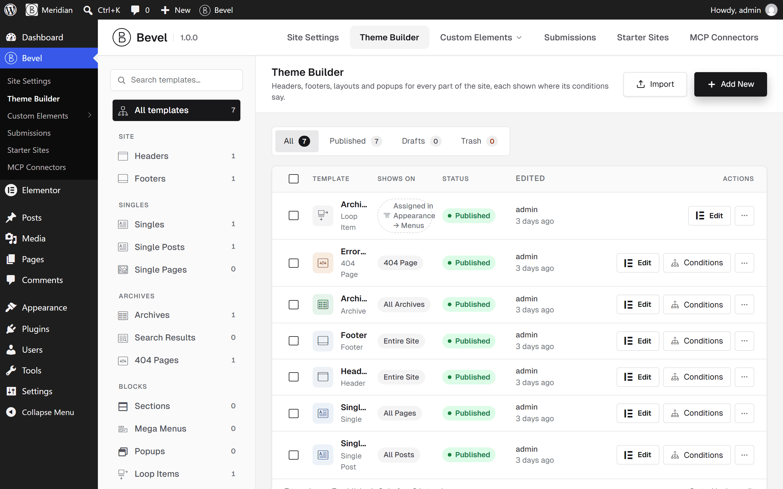 The Theme Builder: templates with their type, status and conditions