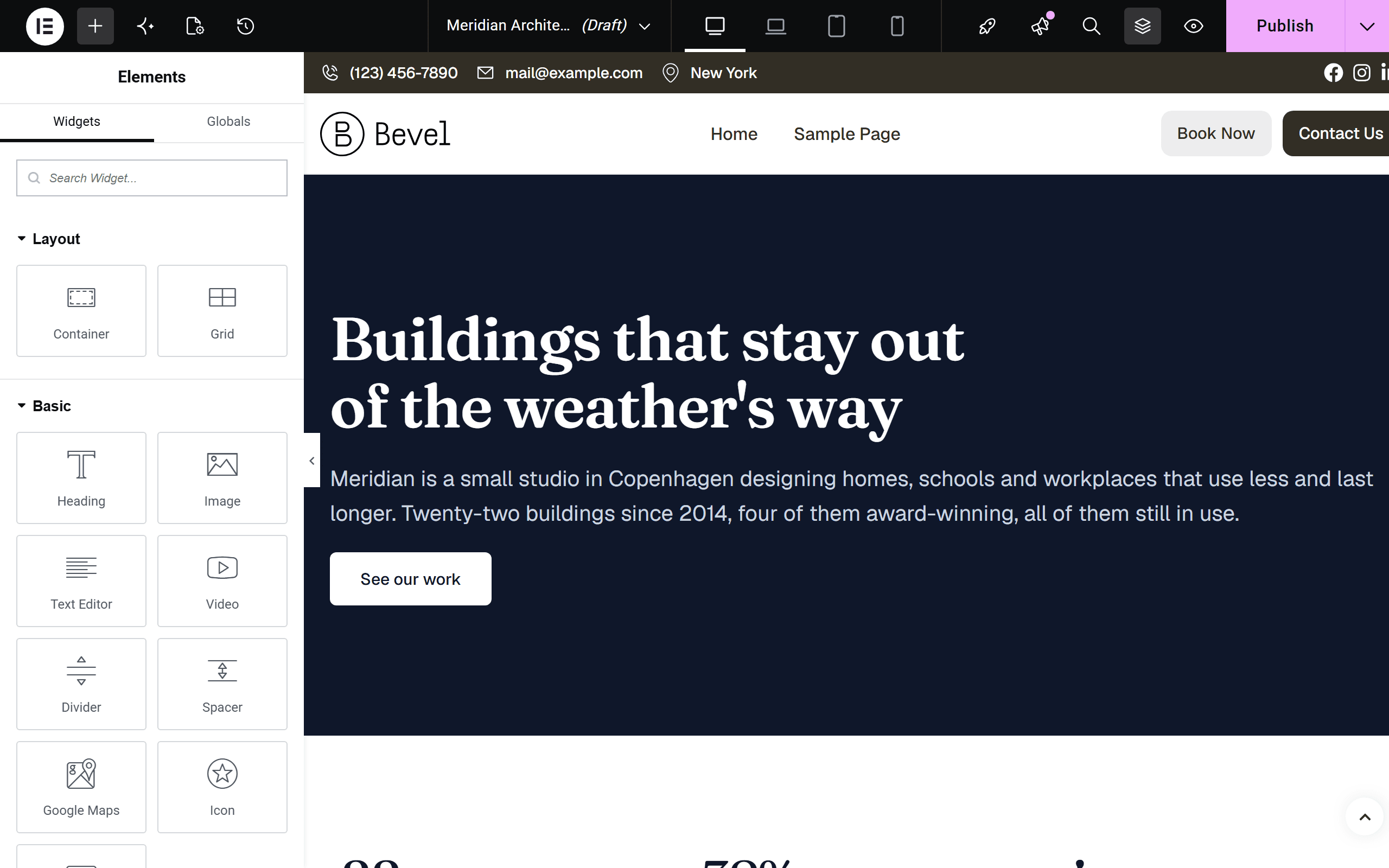 A page an assistant built through Bevel MCP, open in the Elementor editor