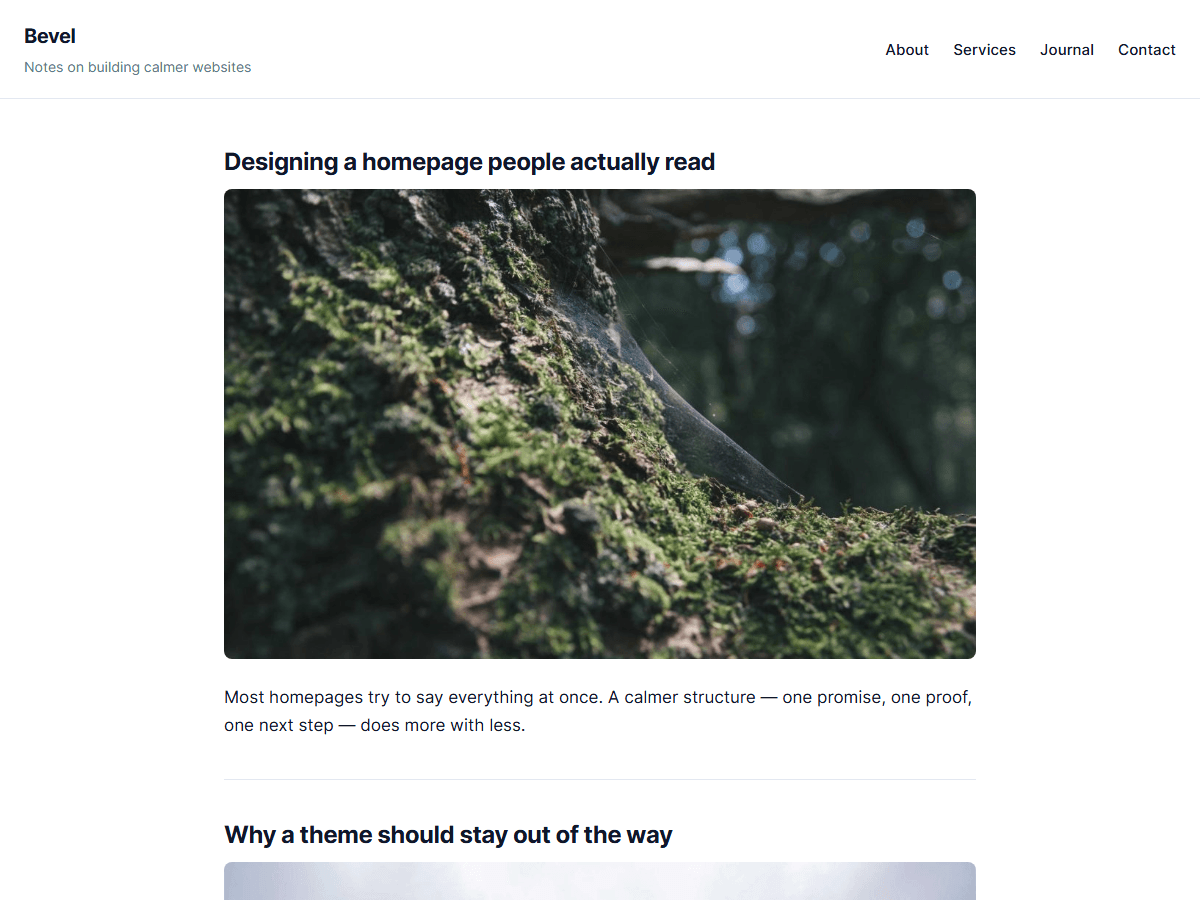 The Bevel theme on its own: a blog index with sample posts, set in the self-hosted Inter font
